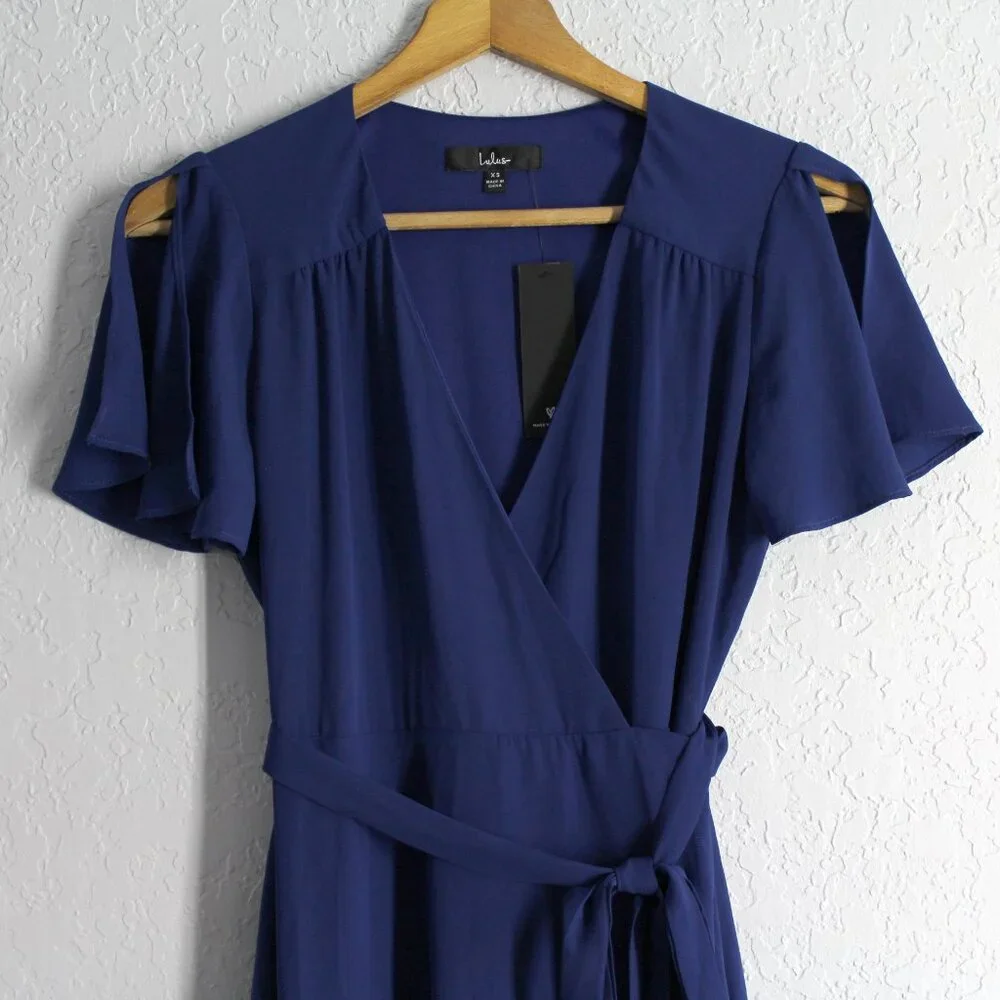 New Royal Blue Wrap Dress V-neck split sleeve flowy chiffon XS Lulus - Picture 3 of 9